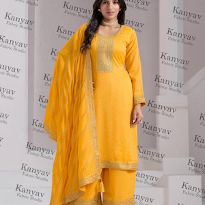 Haldi Wear インド民族女性用クルタパラッツォセット ドゥパッタセット付き サルワールカミーズドレス サンギートセレモニーウェア 送料無料 ギフト用シルク