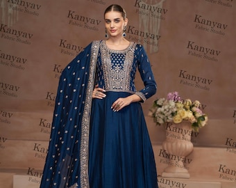 Vestido Anarkali de seda bordado com dupatta floral - Vestido de noiva indiano