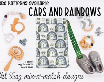 Cars & rainbow patterns-waterproof, reusable, zippered, food safe, wet bag. A must for everyone (including the dog). BUY 3 get a 4th FREE