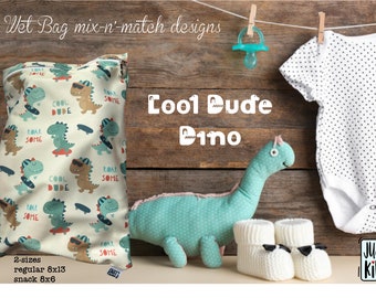 Cool dino patterns-waterproof, reusable, zippered, food safe, wet bag. A must for everyone (including the dog). BUY 3 get a 4th one FREE