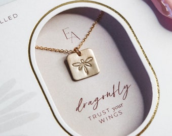 Dragonfly Necklace, Square Charm Jewelry, Uplifting Gift for Friend