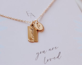 Love Script Bar Necklace with Initial. Mother's Day Gift for Mom.