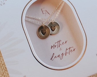 Mother Daughter Necklace Set - Hand-Stamped Heart Charms, Adjustable Gold-Filled or Sterling Silver Necklaces