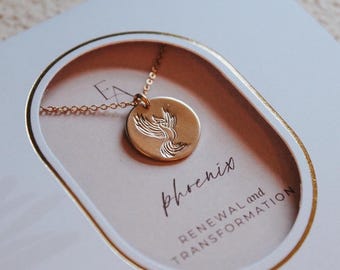 Phoenix Bird Necklace: Hand-Stamped Charm, Rebirth Symbol