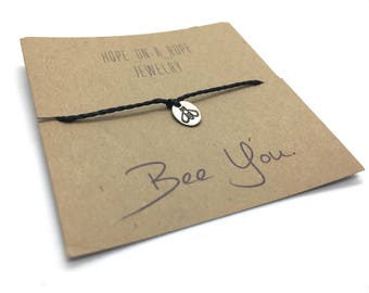 Bee Bracelet - Sterling Silver Bee Bracelet - Bee Charm Bracelet - Bumble Bee Jewelry - Be Yourself Bracelet - Cord Bracelet - Simple