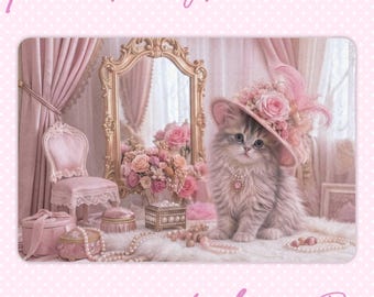 Victorian Kitten Pet Food Mat | Pink Vanity Cat Design