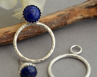 Navy blue Lapis Lazuli stud earrings front back hoop ear jacket earrings double sided earring geometric hammered hoop earrings lapis jewelry