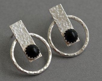 Sterling silver hoop ear jackets double sided front back earrings black onyx post bar studs hammered modern jewelry unique mix and match