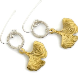 Sterling silver hoop ginkgo drop earring dangle gold ginkgo leaf two tone  ginkgo biloba Art Nouveau mixed metal contemporary yoga jewelry