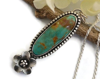 Sterling silver Evans Turquoise necklace Turquoise pendant Flower necklace Southwestern western style cowgirl jewelry artisan handmade