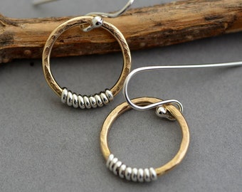 Petite small 14k gold filled earrings 5/8" gold hoop earrings mixed metal hoop dangle hammered hoop earrings two tone artisan jewelry