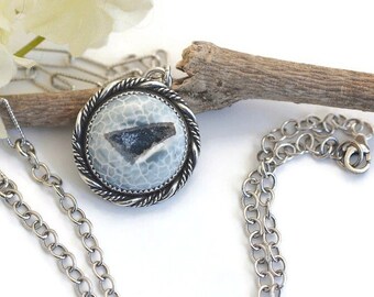 Snakeskin acid etched agate necklace gray druzy crystal necklace agate stone pendant handmade sterling silver oxidized chain unique jewelry