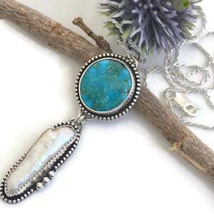 Turquoise mountain necklace baroque pearl necklace white pearl sterling silver genuine turquoise pendant modern artisan handmade jewelry