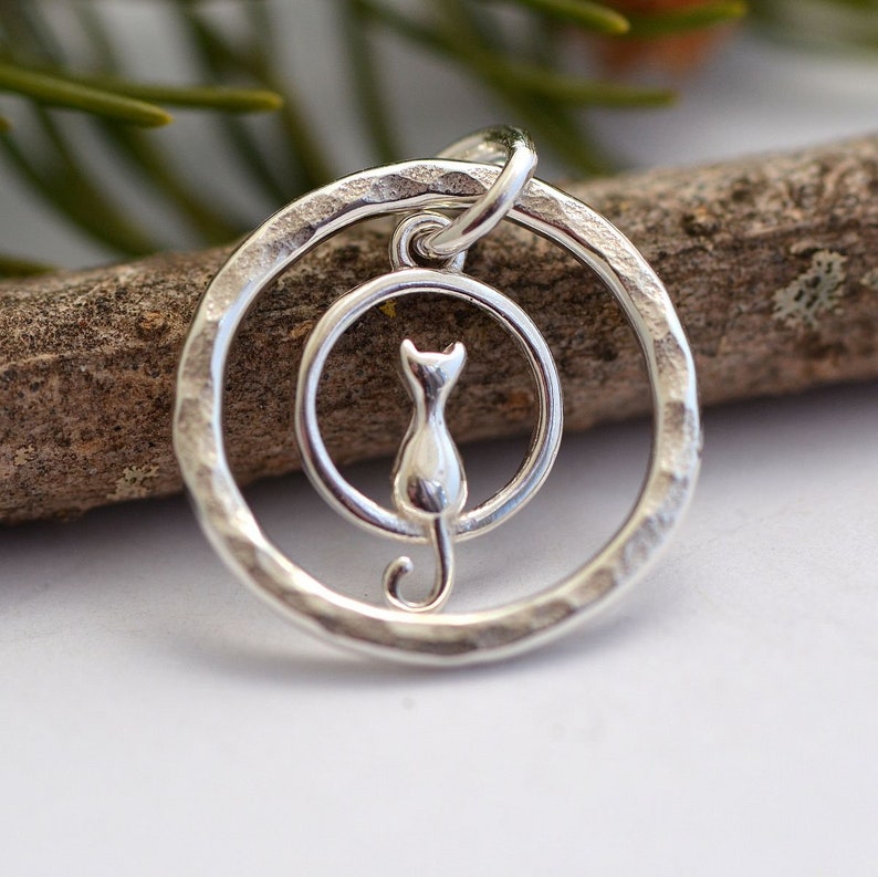 Petite small sterling silver cat necklace cat lover gift little hammered 5/8 circle necklace pendant Siamese Persian main coon necklace image 7