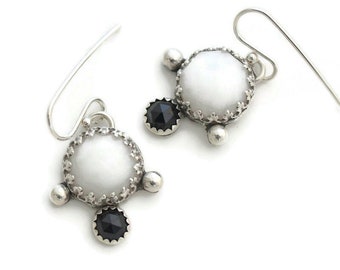 Black white dangle earrings sterling silver white agate black onyx stone earrings contemporary boho earrings hypoallergenic jewelry for her