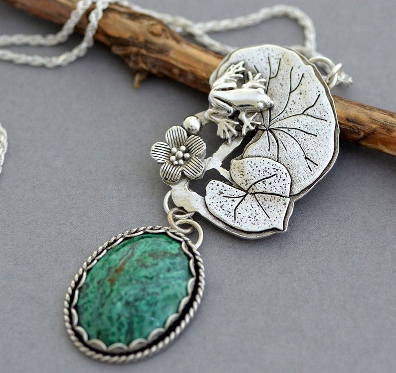 Sterling silver frog necklace Chrysocolla pendant water lily pad plant botanical frog jewelry bold statement artisan necklace for women
