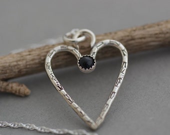 Sterling silver heart necklace heart pendant romantic love necklace artisan handmade moon jewelry black onyx necklace Valentines day gift