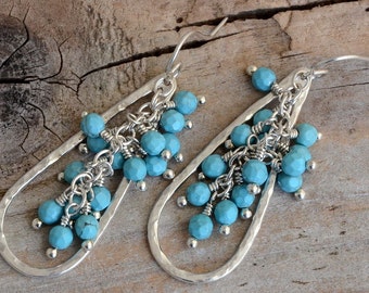 Turquoise howlite earrings, sterling silver hammered teardrop, boho southwestern stone jewelry, wire wrapped chandelier, beadwork, modern