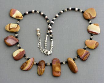 Wonderstone natural stone statement bib necklace pendant, Rhyolite necklace, black onyx pearl necklace, beaded tribal southwestern jewelry