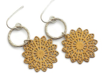 Brass gold flower earrings sterling silver hammered hoops modern earrings botanical contemporary jewelry filigree earrings artisan handmade