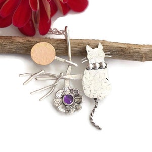 Cat necklace sterling silver 14k gold filled moon cat pendant kitten feline jewelry animal cat lover gift cat rescue flower amethyst stone