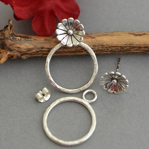 Front back earrings hoop ear jacket flower stud earrings daisy earrings sterling silver hammered mix and match double two sided earrings