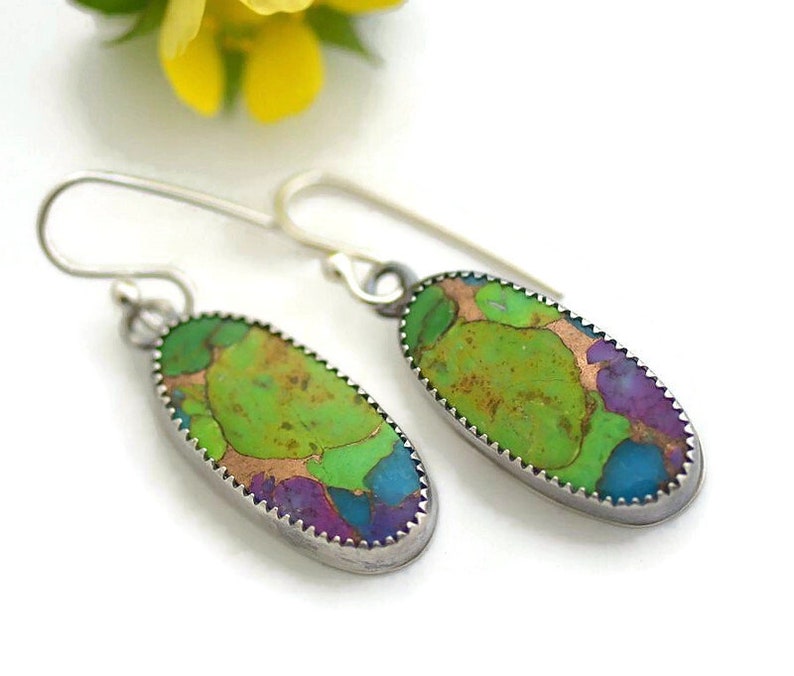 Purple green Mojave Turquoise dangle Earrings sterling silver turquoise earrings southwestern jewelry gift for women men hypoallergenic image 1