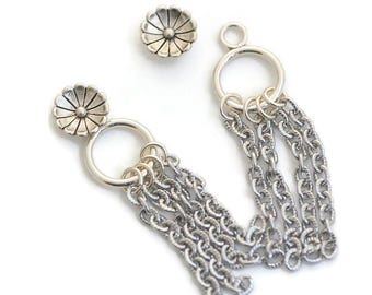 Sterling silver flower stud earrings dangle chain ear jacket earrings artisan handmade gift earring front back  double two sided earrings