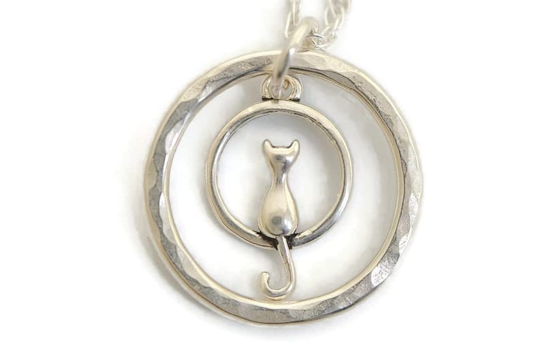 Petite small sterling silver cat necklace cat lover gift little hammered 5/8 circle necklace pendant Siamese Persian main coon necklace image 1