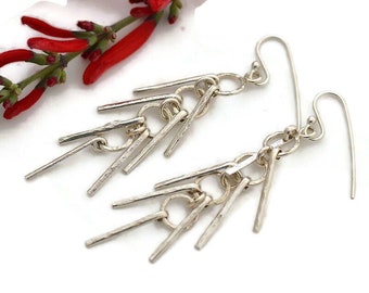 Long sterling silver fringe dangle earrings geometric earrings abstract contemporary jewelry hypoallergenic nickel free earrings for women