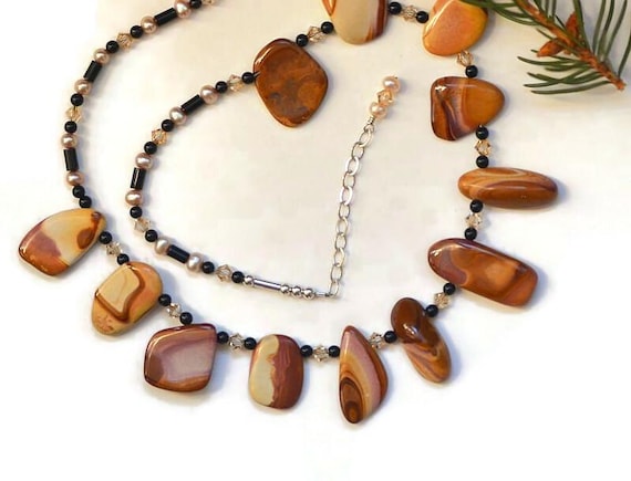 Wonderstone natural stone statement bib necklace pendant Rhyolite black onyx pearl necklace beaded tribal southwestern brown jewelry gift