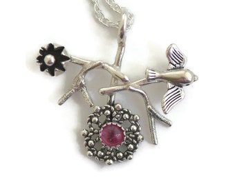 Small petite sterling silver peace dove necklace flower bud pink tourmaline necklace sparrow bird necklace bird jewelry for women her