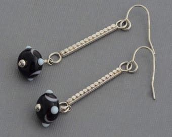 Moon earrings half moon earrings crescent moon earrings long sterling silver stick bar earrings lampwork beads unusual celestial jewelry