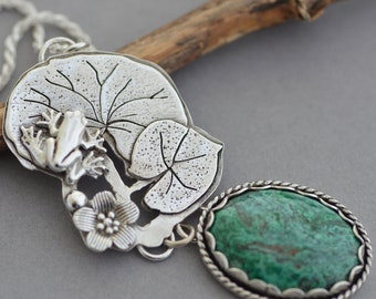 Sterling silver frog necklace Chrysocolla pendant water lily pad plant botanical frog jewelry bold statement artisan necklace for women