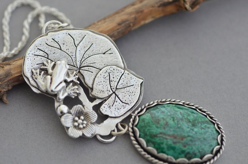 Sterling silver frog necklace Chrysocolla pendant water lily pad plant botanical frog jewelry bold statement artisan necklace for women