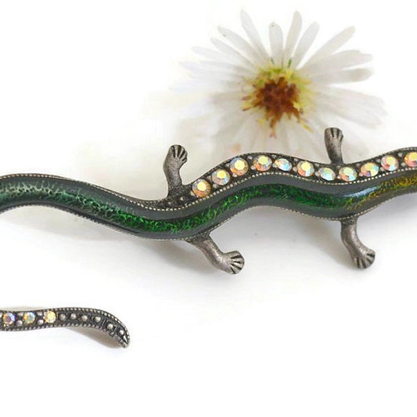 Vintage green lizard brooch pin reptile jewelry lizard with rhinestones salamander brooch unique estate shawl  lapel sweater pin for women