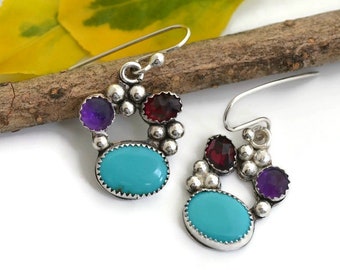 Sonoran turquoise earrings red garnet dangle sterling silver earrings southwestern western jewelry gift for women her contemporary colorful