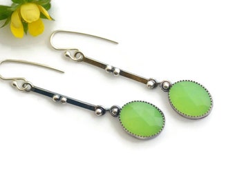 Lime green dangle earrings long sterling silver bar earrings bright light green earrings geometric earrings oxidized jewelry statement her