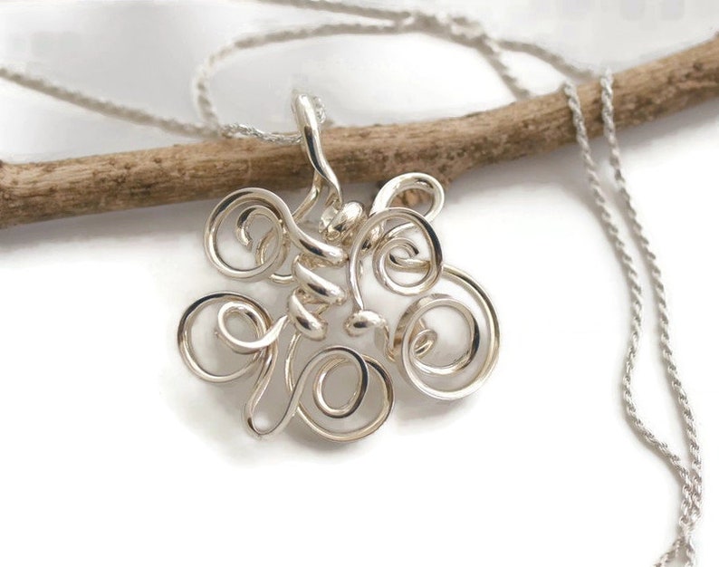 Wire wrapped sterling silver pendant modern spiral necklace for women abstract geometric 3d statement jewelry unique artisan handmade gift image 1