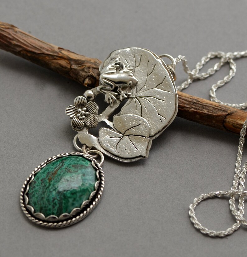 Sterling silver frog necklace Chrysocolla pendant water lily pad plant botanical frog jewelry bold statement artisan necklace for women