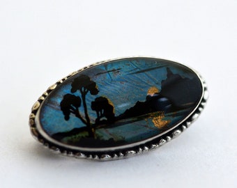Vintage Art Deco tiny butterfly wing brooch pin signed Thomas L Mott from England sterling silver painted sunset 1920 antique jewelry