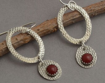 Red coral earrings sterling silver dangle hoop earrings hammered oxidized hoops Southwestern Native American style artisan handmade jewelry