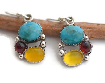 Small turquoise earrings garnet yellow agate sterling silver dangle drop earrings southwestern western jewelry gift for women unique jewelry