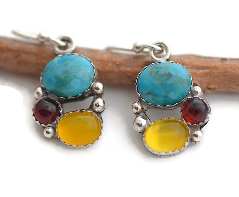 Small turquoise earrings garnet yellow agate sterling silver dangle drop earrings southwestern western jewelry gift for women unique jewelry image 1