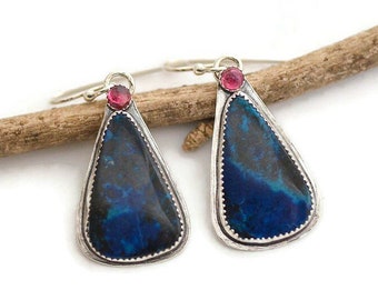 Pink tourmaline earrings dark navy blue Shattuckite dangle drop earrings sterling silver genuine natural stone jewelry blue teardrop earring