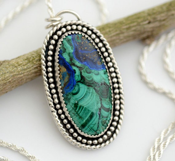 Sterling Silver Beaded Azurite & Malachite Oval Pendants Sterling Silver Beaded Azurite & Malachite Oval Pendants