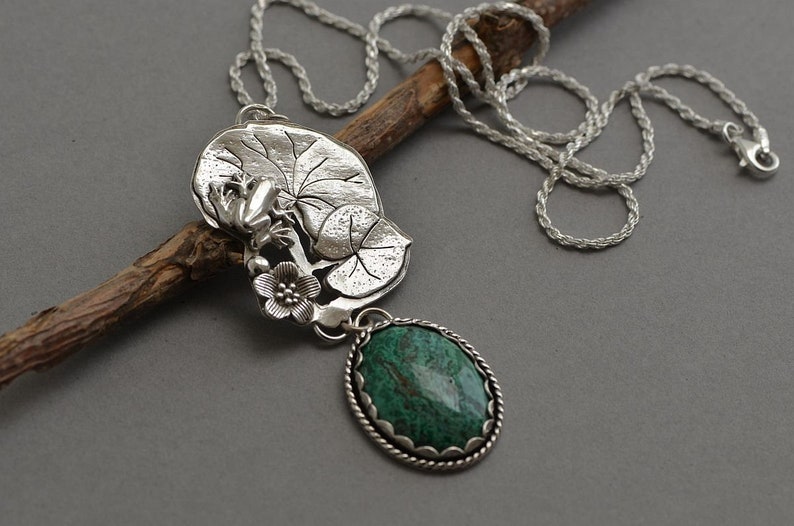 Sterling silver frog necklace Chrysocolla pendant water lily pad plant botanical frog jewelry bold statement artisan necklace for women