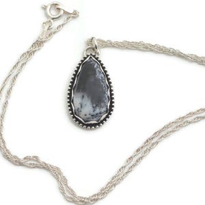 Genuine dendritic moss opal choker necklace black and white dendrite pendant natural stone sterling silver jewelry artisan handmade gift her