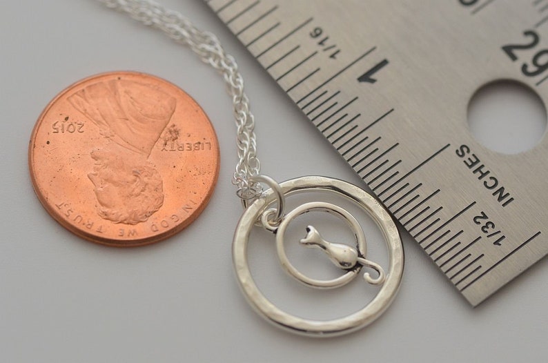 Petite small sterling silver cat necklace cat lover gift little hammered 5/8 circle necklace pendant Siamese Persian main coon necklace image 4