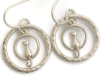Petite small cat earrings dangle cat lover gift for women cat lady sterling cat earrings hoops cat rescue memorial jewelry hypoallergenic